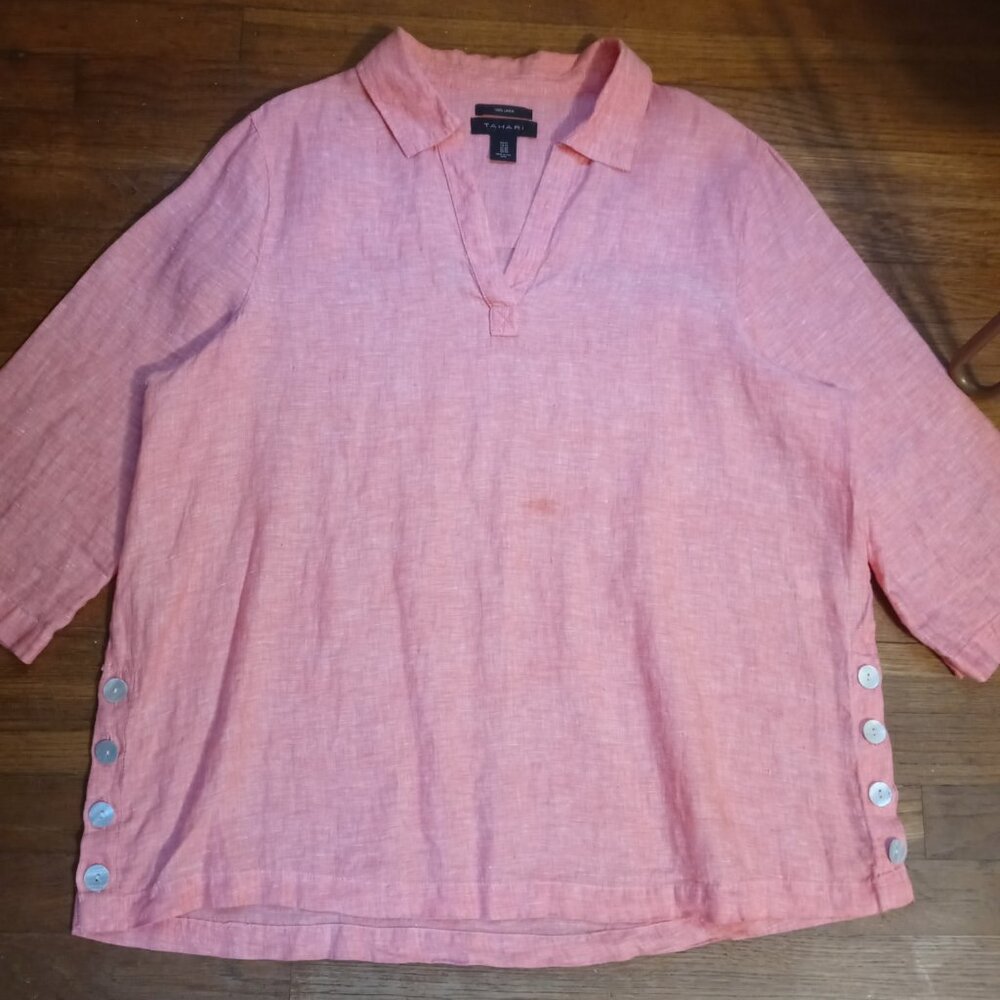 TAHARI plus 100% linen 3/4 sleeve popover shirt (1X)